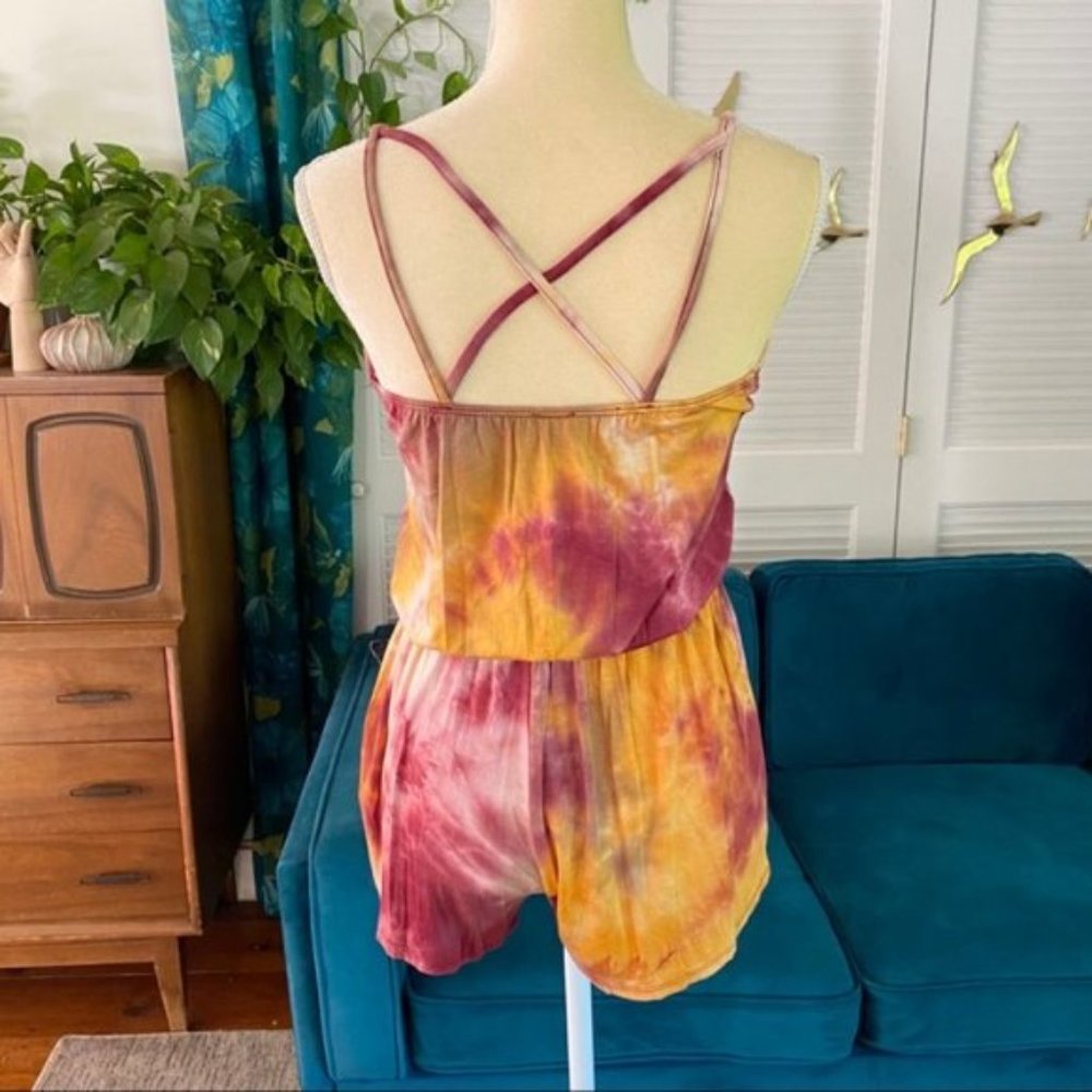 CY Fashion | Tie Dye Strappy Spaghetti Strap Romper Mustard Burgundy Soft Small - Picture 8 of 12
